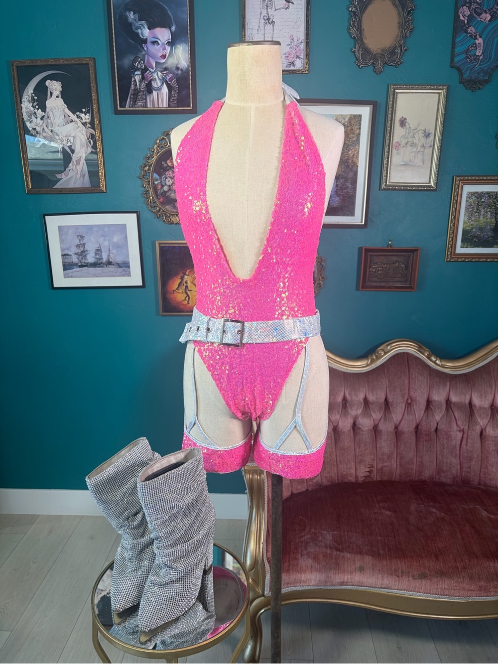 Pink Sequin Halter One-Piece with Holographic Belt & Chaps Large NWT